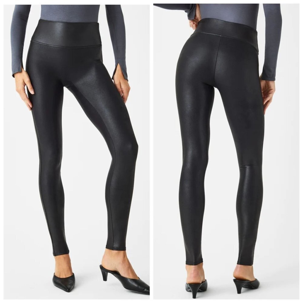 SPANX Women's Black High Waist Faux Leather Leggings S Ankle Length